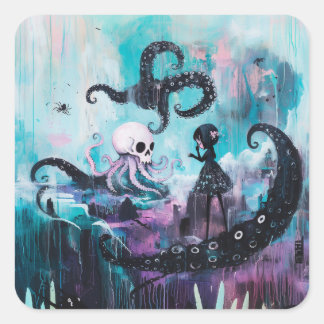 Genezer Octopus Skull Magical Witchy Gothic AI Art Vierkante Sticker