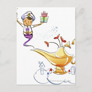 Genie brengt een huis en cadeaus van een magische  briefkaart