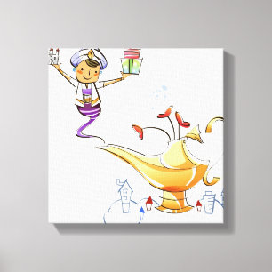 Genie brengt een huis en cadeaus van een magische  canvas afdruk