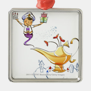 Genie brengt een huis en cadeaus van een magische metalen ornament