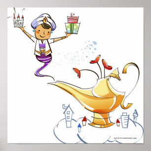 Genie brengt een huis en cadeaus van een magische  poster