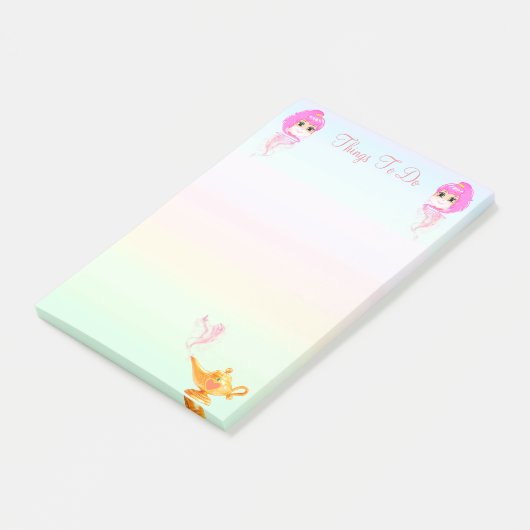 Genieën en magische lamp op pastelkleuren post-it® notes (Schuin)