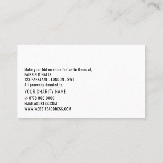Geniet van Logo, Silent Charity Auction Event Adve Visitekaartje (Achterkant)
