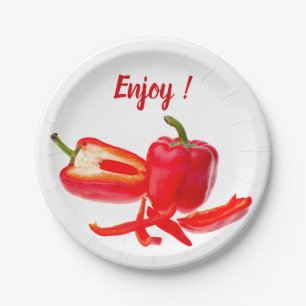Geniet van verse foto's van rode paprika met tekst papieren bordje