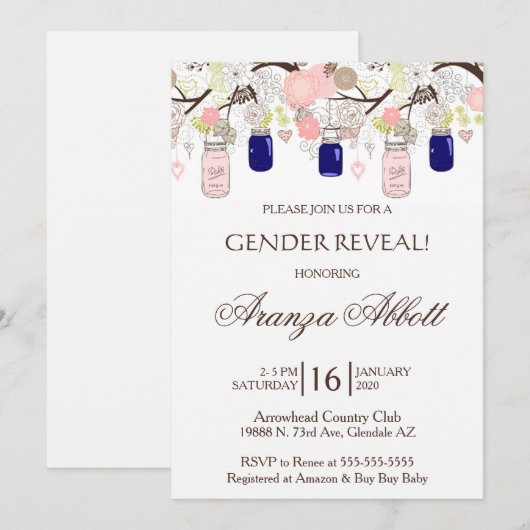 Genre Reveal Mason Jars Baby shower Invitation (Devant / Derrière)