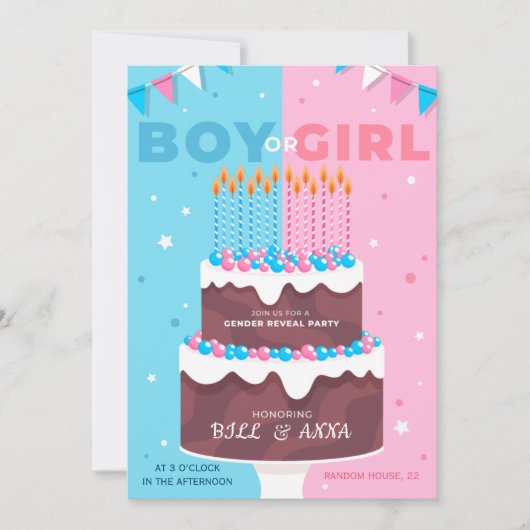 Genre Reveal Party Invitation cake (Devant)