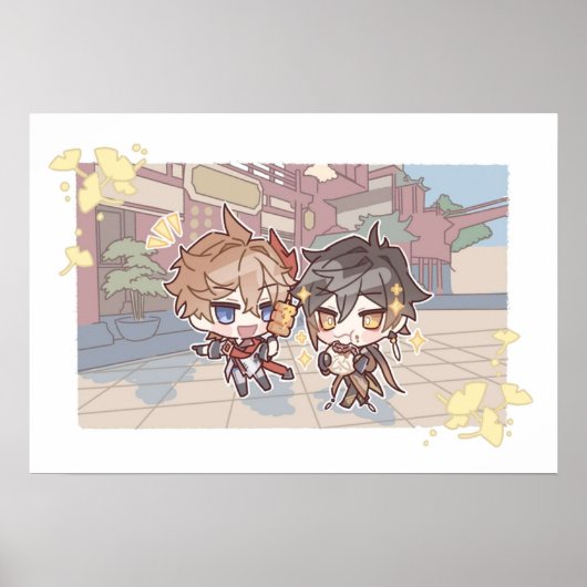 Genshin Impact Chibi Een date van Childe en Zhongl Poster (Voorkant)