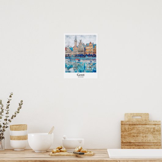 Gent België Travel Waterverf Hand getekend Poster (Keuken)