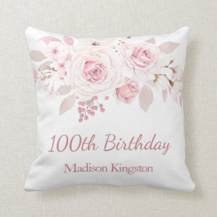 Gentle Blush Pink Floral 100th Birthday Party Gift Kussen