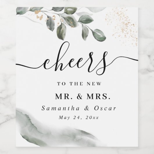 Gentle Greenery Waterverf Leaf | Goudstof Wijn Etiket (Enkel label)