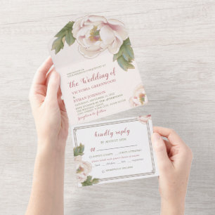 Gentle Pink Elegant Chinoiserie Floral Peony All In One Uitnodiging