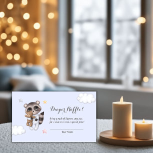 Gentle Raccoon Blue Baby shower Diaper Raffle Informatiekaartje