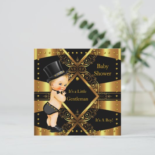 Gentleman Baby shower Gold Boy Tophat Blonde Kaart (Staand voorkant)