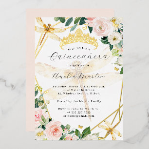Geo Blush Bloem Gouden Libelle Quinceanera Folie Uitnodiging