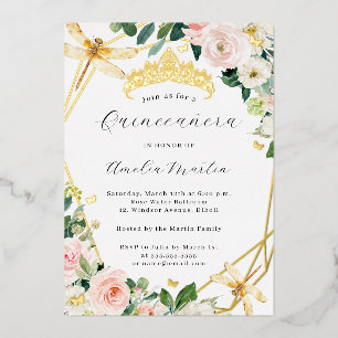 Geo Blush Bloemrijke Libelle Quinceanera Goud Folie Uitnodiging