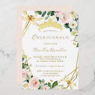 Geo Blush Gouden Bloemrijke Libelle Quinceanera Folie Uitnodiging