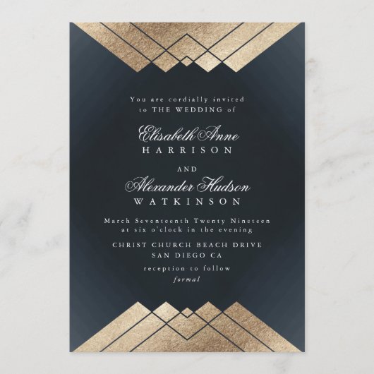 Geo Dark Navy Gold Gatsby Calligraphy Wedding Kaart (Voorkant)