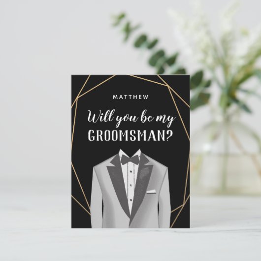 Geo Gold Tuxedo Groomsman Request Card Kaart (Staand voorkant)