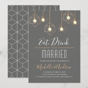 Geo Lights Eet Drink en trouwen Grey Wedding Kaart