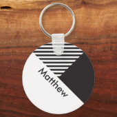 Geo Minimale zwarte witte strepen Aangepaste naam  Sleutelhanger (Voorkant)