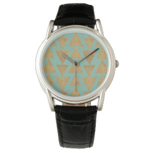 Geo-stap buitenshuis Goud en Blauwgroen patroon Horloge