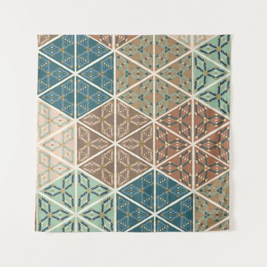 Geo XI | Blauw- en Groen tribaal patroon Wandkleed (Voorkant)