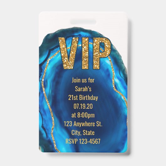 Geode Agate Blue Gold Verjaardag VIP Pass Uitnodig Badge (Front)