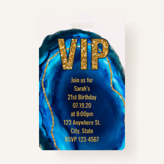 Geode Agate Blue Gold Verjaardag VIP Pass Uitnodig Badge