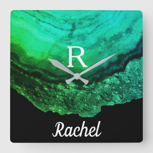 Geode Agate Monogram Initialen Naam Sjabloon Groen Vierkante Klok (Voorkant)
