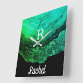 Geode Agate Monogram Initialen Naam Sjabloon Groen Vierkante Klok (Hoek)