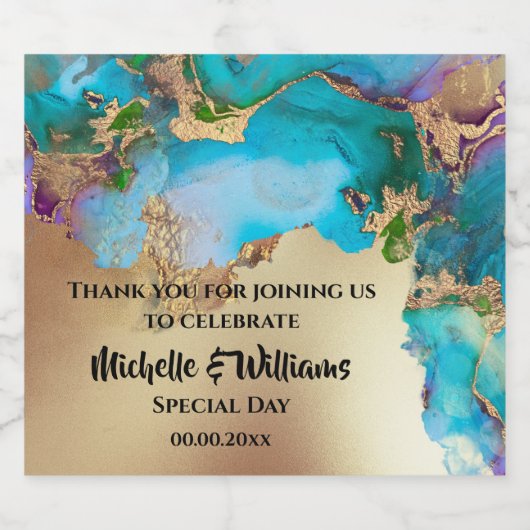 Geode faux gouden agaat waterverf pauw blauw chic sparkling wijnetiket (Enkel label)