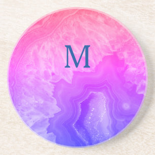 Geode Gemstone Agate Monogram Initiaal Roze Blauw Zandsteen Onderzetter