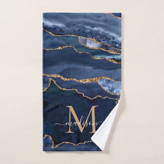 Géode moderne Agate Marine Blue Gold Monogramme (Serviette à main)