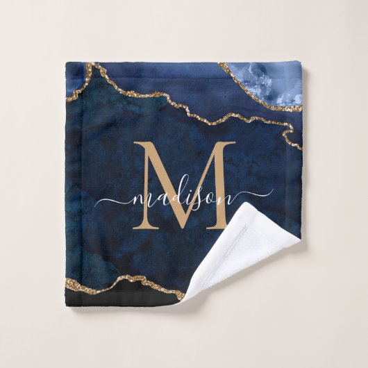 Géode moderne Agate Marine Blue Gold Monogramme (Gant de toilette)