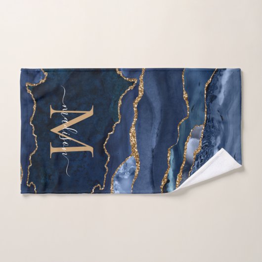Géode moderne Agate Marine Blue Gold Monogramme (Serviette à main)