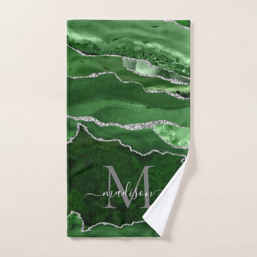 Géode moderne Agate vert Silver Monogramme Script (Serviette à main)