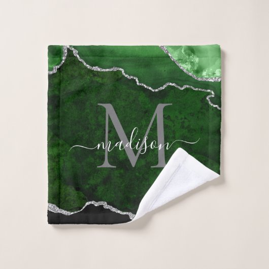 Géode moderne Agate vert Silver Monogramme Script (Gant de toilette)