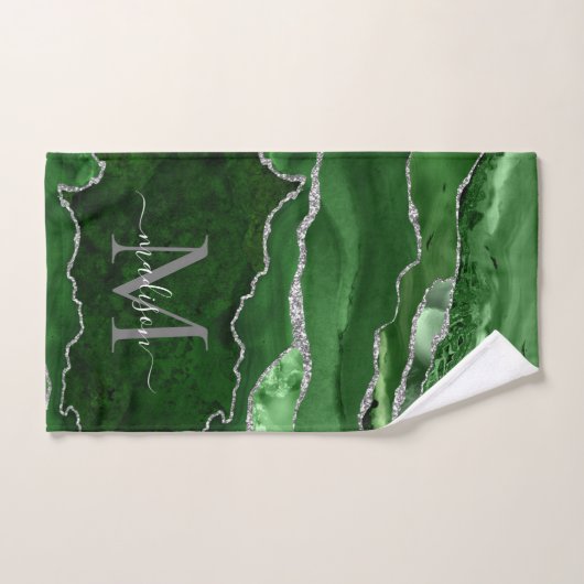 Géode moderne Agate vert Silver Monogramme Script (Serviette à main)