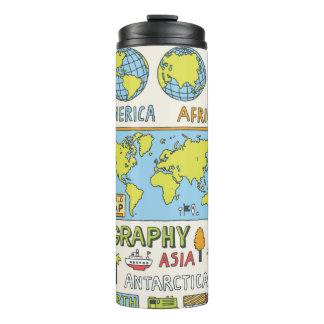 Geografie. Handgetrokken.  illustratie. Thermosbeker