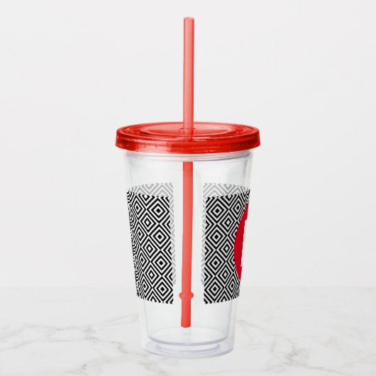 Geometric Black and White Pattern Red Monogram Acryl Drinkbeker (Rechts)