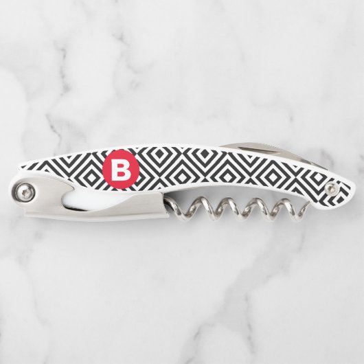 Geometric Black and White Pattern Red Monogram Kurkentrekker (Voorkant)