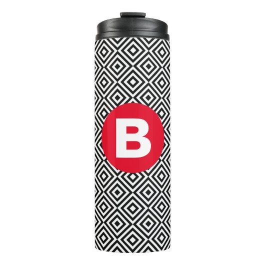 Geometric Black and White Pattern Red Monogram Thermosbeker (Voorkant)