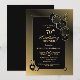 Geometric Black Gold 70th Birthday Dinner Party Kaart