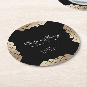 Geometric Black Gold Gatsby Wedding Table Onderzet Ronde Kartonnen Onderzetter