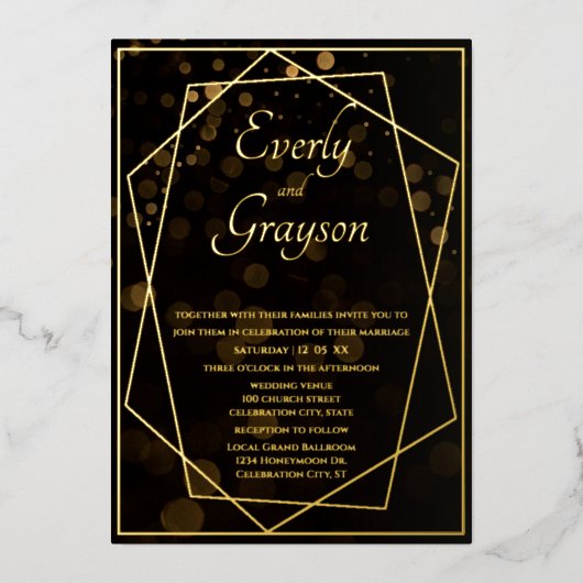 Geometric Black & Gold Wedding Folie Uitnodiging (Voorkant)