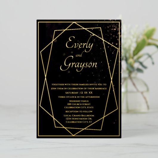 Geometric Black & Gold Wedding Folie Uitnodiging (Staand Voorkant)