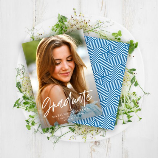 Geometric blue afstuderen elegant script aankondiging