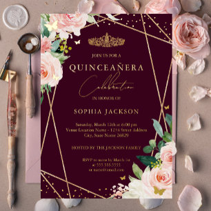 Geometric Blush Burgundy Gold Floral Quinceanera Folie Uitnodiging