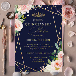 Geometric Blush Navy Gold Floral Quinceanera Folie Uitnodiging