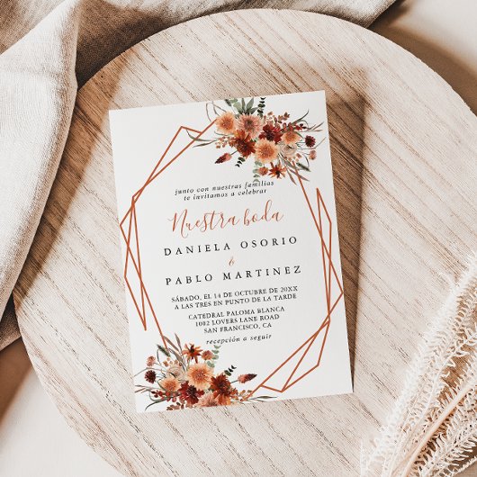 Geometric Boho Autumn Floral Nuestra Boda Wedding Kaart